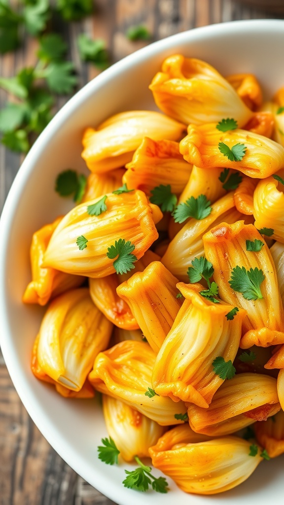 Sautéed cabbage flowers with garlic and lemon, garnished with parsley, on a rustic wooden table.